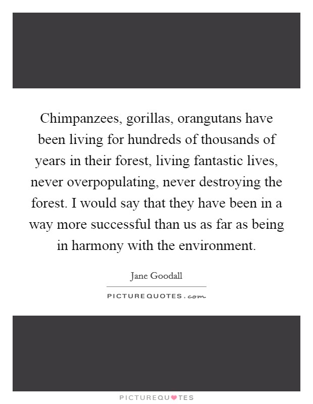 Chimpanzees, gorillas, orangutans have been living for hundreds of thousands of years in their forest, living fantastic lives, never overpopulating, never destroying the forest. I would say that they have been in a way more successful than us as far as being in harmony with the environment Picture Quote #1
