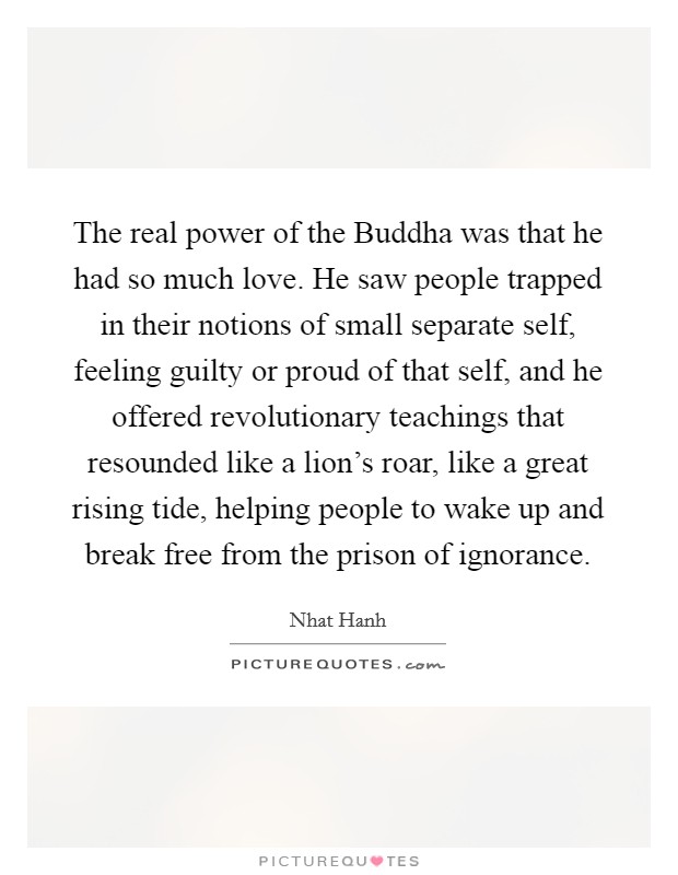 The real power of the Buddha was that he had so much love. He saw people trapped in their notions of small separate self, feeling guilty or proud of that self, and he offered revolutionary teachings that resounded like a lion's roar, like a great rising tide, helping people to wake up and break free from the prison of ignorance Picture Quote #1