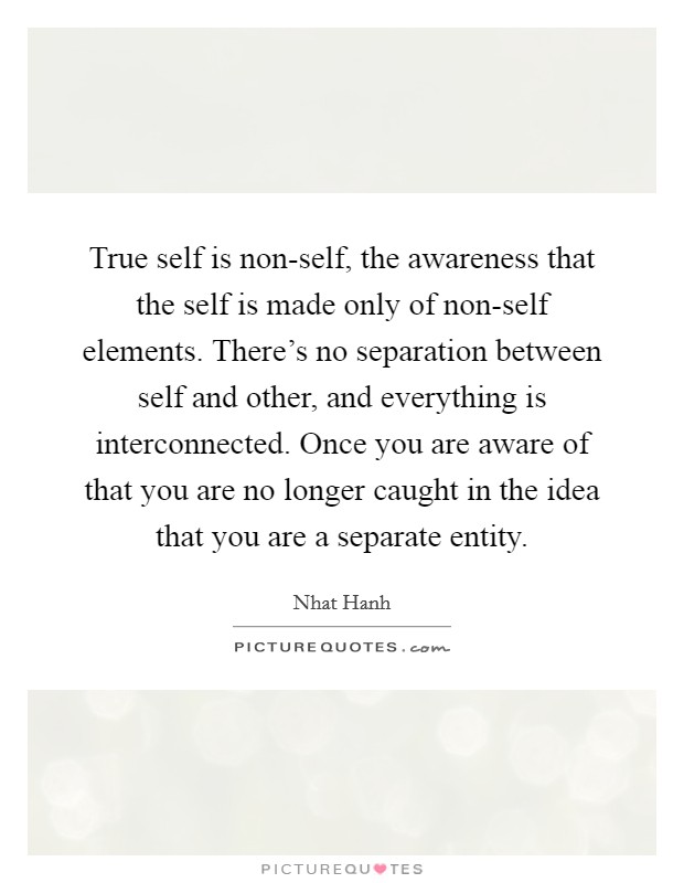 True self is non-self, the awareness that the self is made only of non-self elements. There's no separation between self and other, and everything is interconnected. Once you are aware of that you are no longer caught in the idea that you are a separate entity Picture Quote #1
