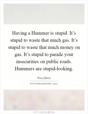Having a Hummer is stupid. It’s stupid to waste that much gas. It’s stupid to waste that much money on gas. It’s stupid to parade your insecurities on public roads. Hummers are stupid-looking Picture Quote #1