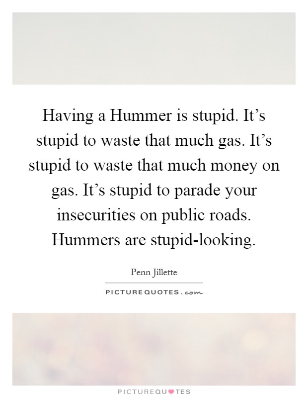 Having a Hummer is stupid. It's stupid to waste that much gas. It's stupid to waste that much money on gas. It's stupid to parade your insecurities on public roads. Hummers are stupid-looking Picture Quote #1