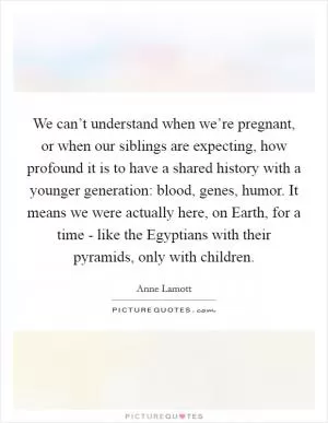 We can’t understand when we’re pregnant, or when our siblings are expecting, how profound it is to have a shared history with a younger generation: blood, genes, humor. It means we were actually here, on Earth, for a time - like the Egyptians with their pyramids, only with children Picture Quote #1