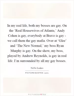 In my real life, both my bosses are gay. On the ‘Real Housewives of Atlanta,’ Andy Cohen is gay, everybody at Bravo is gay - we call them the gay mafia. Over at ‘Glee’ and ‘The New Normal,’ my boss Ryan Murphy is gay. On the show, my boss, played by Andrew Reynolds, is gay in real life. I’m surrounded by all my gay bosses Picture Quote #1