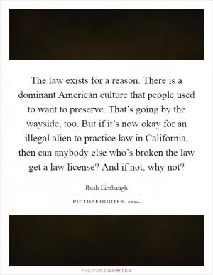 The law exists for a reason. There is a dominant American culture that people used to want to preserve. That’s going by the wayside, too. But if it’s now okay for an illegal alien to practice law in California, then can anybody else who’s broken the law get a law license? And if not, why not? Picture Quote #1