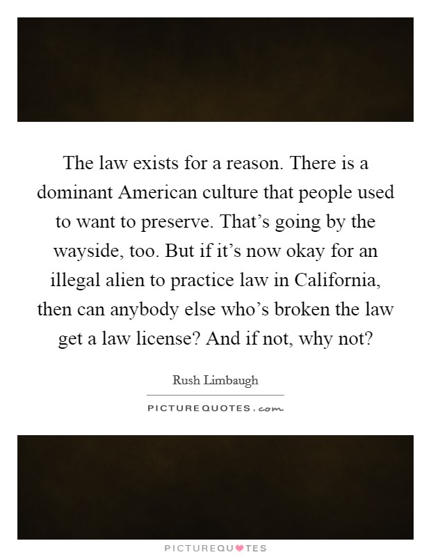 The law exists for a reason. There is a dominant American culture that people used to want to preserve. That's going by the wayside, too. But if it's now okay for an illegal alien to practice law in California, then can anybody else who's broken the law get a law license? And if not, why not? Picture Quote #1