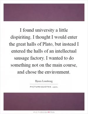 I found university a little dispiriting. I thought I would enter the great halls of Plato, but instead I entered the halls of an intellectual sausage factory. I wanted to do something not on the main course, and chose the environment Picture Quote #1