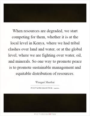 When resources are degraded, we start competing for them, whether it is at the local level in Kenya, where we had tribal clashes over land and water, or at the global level, where we are fighting over water, oil, and minerals. So one way to promote peace is to promote sustainable management and equitable distribution of resources Picture Quote #1