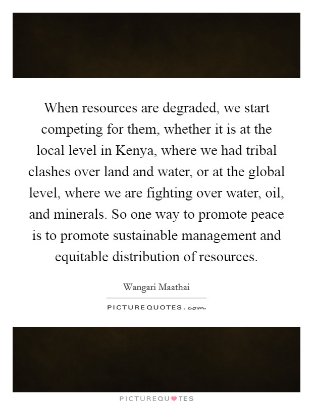 When resources are degraded, we start competing for them, whether it is at the local level in Kenya, where we had tribal clashes over land and water, or at the global level, where we are fighting over water, oil, and minerals. So one way to promote peace is to promote sustainable management and equitable distribution of resources Picture Quote #1