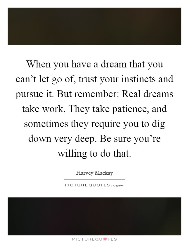 When you have a dream that you can't let go of, trust your instincts and pursue it. But remember: Real dreams take work, They take patience, and sometimes they require you to dig down very deep. Be sure you're willing to do that Picture Quote #1