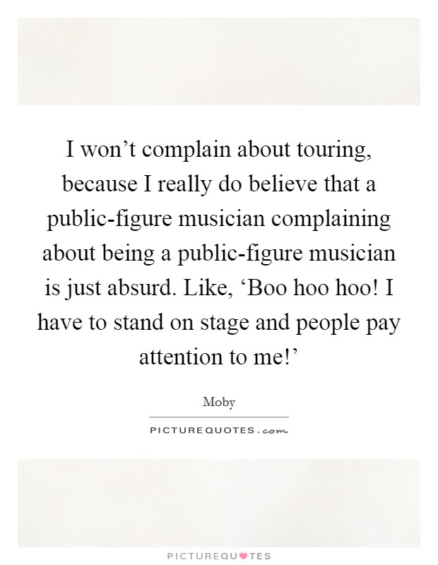 I won't complain about touring, because I really do believe that a public-figure musician complaining about being a public-figure musician is just absurd. Like, ‘Boo hoo hoo! I have to stand on stage and people pay attention to me!' Picture Quote #1