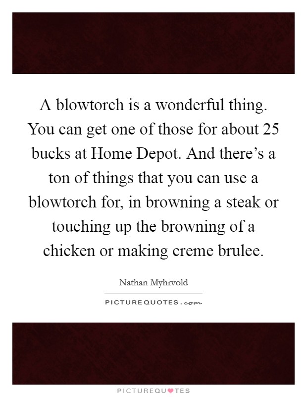 A blowtorch is a wonderful thing. You can get one of those for about 25 bucks at Home Depot. And there's a ton of things that you can use a blowtorch for, in browning a steak or touching up the browning of a chicken or making creme brulee Picture Quote #1