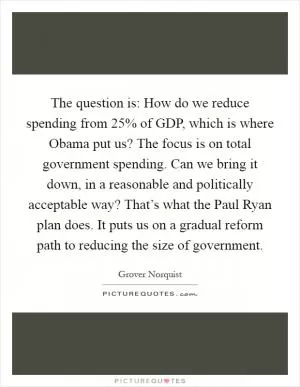 The question is: How do we reduce spending from 25% of GDP, which is where Obama put us? The focus is on total government spending. Can we bring it down, in a reasonable and politically acceptable way? That’s what the Paul Ryan plan does. It puts us on a gradual reform path to reducing the size of government Picture Quote #1