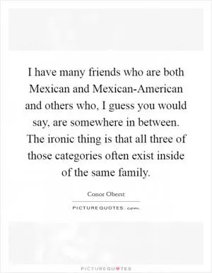 I have many friends who are both Mexican and Mexican-American and others who, I guess you would say, are somewhere in between. The ironic thing is that all three of those categories often exist inside of the same family Picture Quote #1