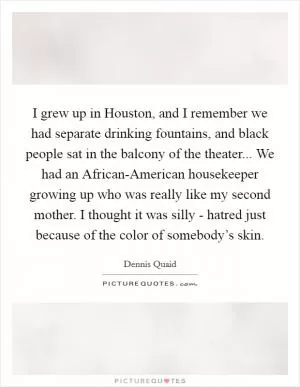 I grew up in Houston, and I remember we had separate drinking fountains, and black people sat in the balcony of the theater... We had an African-American housekeeper growing up who was really like my second mother. I thought it was silly - hatred just because of the color of somebody’s skin Picture Quote #1