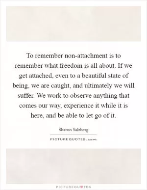 To remember non-attachment is to remember what freedom is all about. If we get attached, even to a beautiful state of being, we are caught, and ultimately we will suffer. We work to observe anything that comes our way, experience it while it is here, and be able to let go of it Picture Quote #1