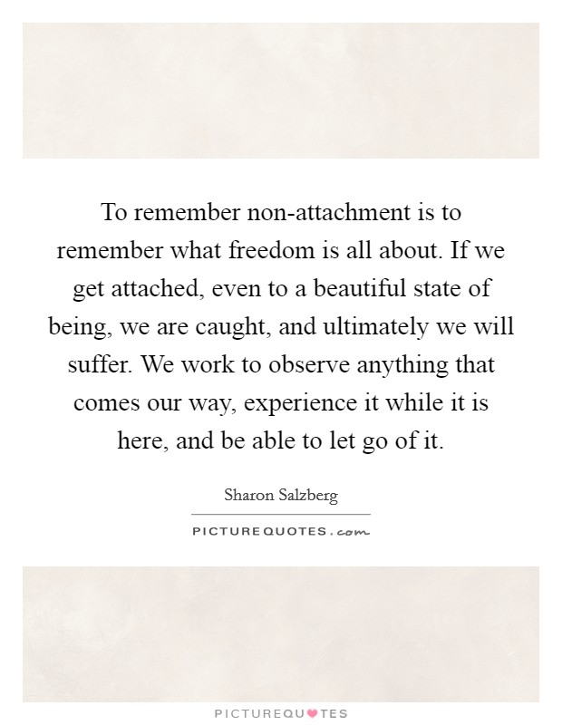 To remember non-attachment is to remember what freedom is all about. If we get attached, even to a beautiful state of being, we are caught, and ultimately we will suffer. We work to observe anything that comes our way, experience it while it is here, and be able to let go of it Picture Quote #1