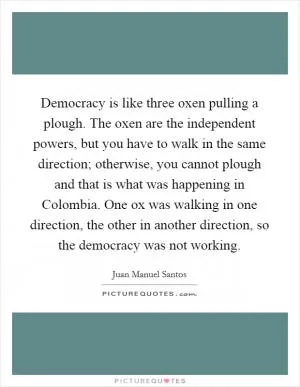 Democracy is like three oxen pulling a plough. The oxen are the independent powers, but you have to walk in the same direction; otherwise, you cannot plough and that is what was happening in Colombia. One ox was walking in one direction, the other in another direction, so the democracy was not working Picture Quote #1