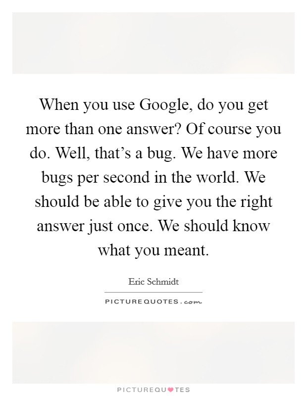When you use Google, do you get more than one answer? Of course you do. Well, that's a bug. We have more bugs per second in the world. We should be able to give you the right answer just once. We should know what you meant Picture Quote #1