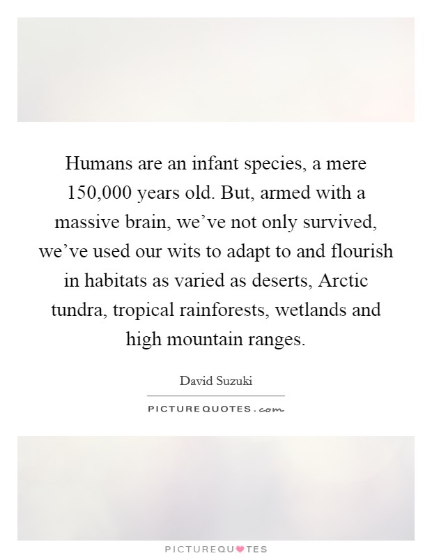 Humans are an infant species, a mere 150,000 years old. But, armed with a massive brain, we've not only survived, we've used our wits to adapt to and flourish in habitats as varied as deserts, Arctic tundra, tropical rainforests, wetlands and high mountain ranges Picture Quote #1