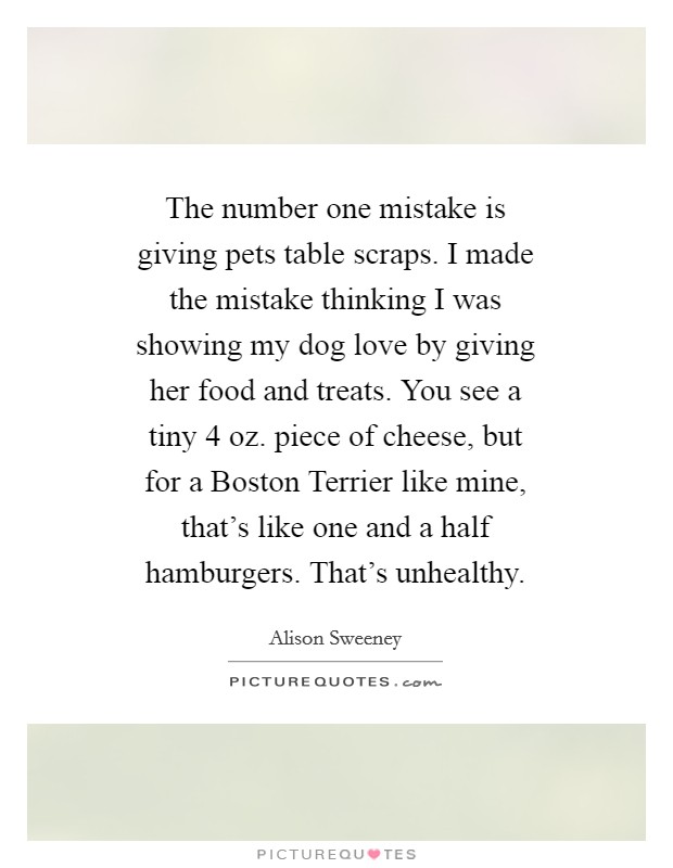 The number one mistake is giving pets table scraps. I made the mistake thinking I was showing my dog love by giving her food and treats. You see a tiny 4 oz. piece of cheese, but for a Boston Terrier like mine, that's like one and a half hamburgers. That's unhealthy Picture Quote #1