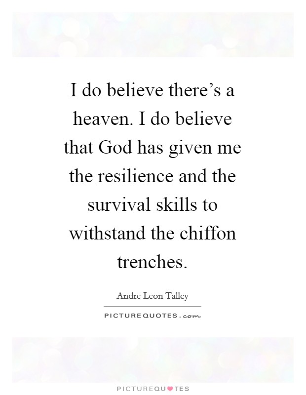 I do believe there's a heaven. I do believe that God has given me the resilience and the survival skills to withstand the chiffon trenches Picture Quote #1