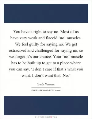 You have a right to say no. Most of us have very weak and flaccid ‘no’ muscles. We feel guilty for saying no. We get ostracized and challenged for saying no, so we forget it’s our choice. Your ‘no’ muscle has to be built up to get to a place where you can say, ‘I don’t care if that’s what you want. I don’t want that. No.’ Picture Quote #1