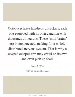 Octopuses have hundreds of suckers, each one equipped with its own ganglion with thousands of neurons. These ‘mini-brains’ are interconnected, making for a widely distributed nervous system. That is why a severed octopus arm may crawl on its own and even pick up food Picture Quote #1
