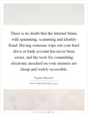 There is no doubt that the Internet brims with spamming, scamming and identity fraud. Having someone wipe out your hard drive or bank account has never been easier, and the tools for committing electronic mischief on your enemies are cheap and widely accessible Picture Quote #1