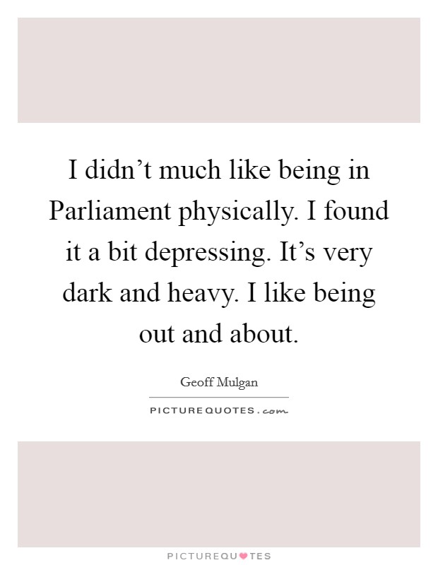 I didn't much like being in Parliament physically. I found it a bit depressing. It's very dark and heavy. I like being out and about Picture Quote #1