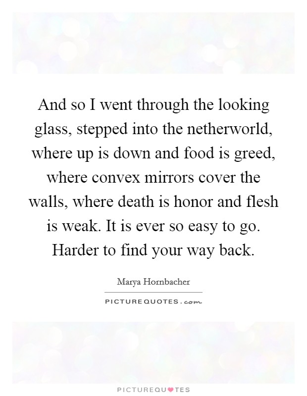 And so I went through the looking glass, stepped into the netherworld, where up is down and food is greed, where convex mirrors cover the walls, where death is honor and flesh is weak. It is ever so easy to go. Harder to find your way back Picture Quote #1