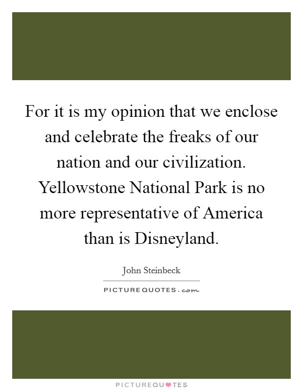 For it is my opinion that we enclose and celebrate the freaks of our nation and our civilization. Yellowstone National Park is no more representative of America than is Disneyland Picture Quote #1