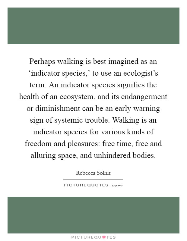 Perhaps walking is best imagined as an ‘indicator species,' to use an ecologist's term. An indicator species signifies the health of an ecosystem, and its endangerment or diminishment can be an early warning sign of systemic trouble. Walking is an indicator species for various kinds of freedom and pleasures: free time, free and alluring space, and unhindered bodies Picture Quote #1