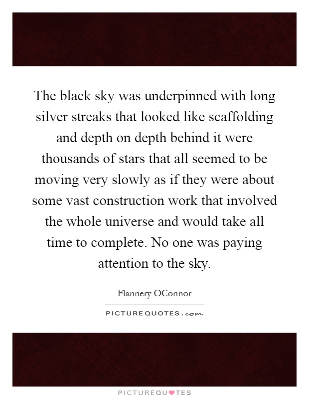 The black sky was underpinned with long silver streaks that looked like scaffolding and depth on depth behind it were thousands of stars that all seemed to be moving very slowly as if they were about some vast construction work that involved the whole universe and would take all time to complete. No one was paying attention to the sky Picture Quote #1