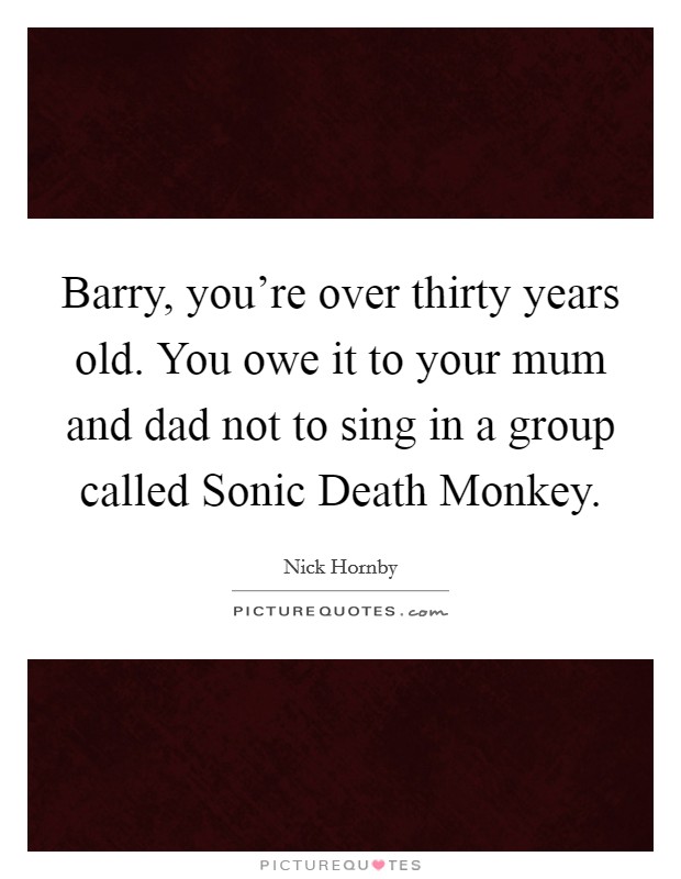 Barry, you're over thirty years old. You owe it to your mum and dad not to sing in a group called Sonic Death Monkey Picture Quote #1