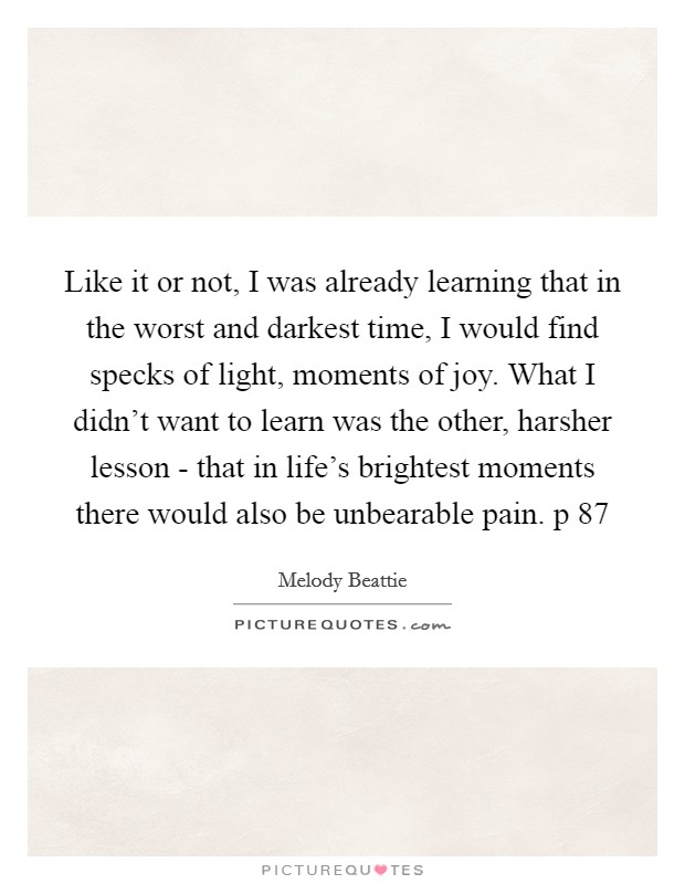 Like it or not, I was already learning that in the worst and darkest time, I would find specks of light, moments of joy. What I didn’t want to learn was the other, harsher lesson - that in life’s brightest moments there would also be unbearable pain. p 87 Picture Quote #1