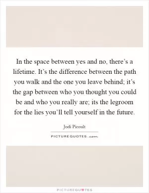 In the space between yes and no, there’s a lifetime. It’s the difference between the path you walk and the one you leave behind; it’s the gap between who you thought you could be and who you really are; its the legroom for the lies you’ll tell yourself in the future Picture Quote #1