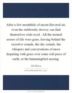 After a few mouthfuls of moon-flavored air, even the stubbornly drowsy can find themselves wide-eyed.. All the normal noises of life were gone, leaving behind the secretive sounds, the shy sounds, the whispers and conversations of moss disputing with grass over some soft piece of earth, or the hummingbird snoring Picture Quote #1