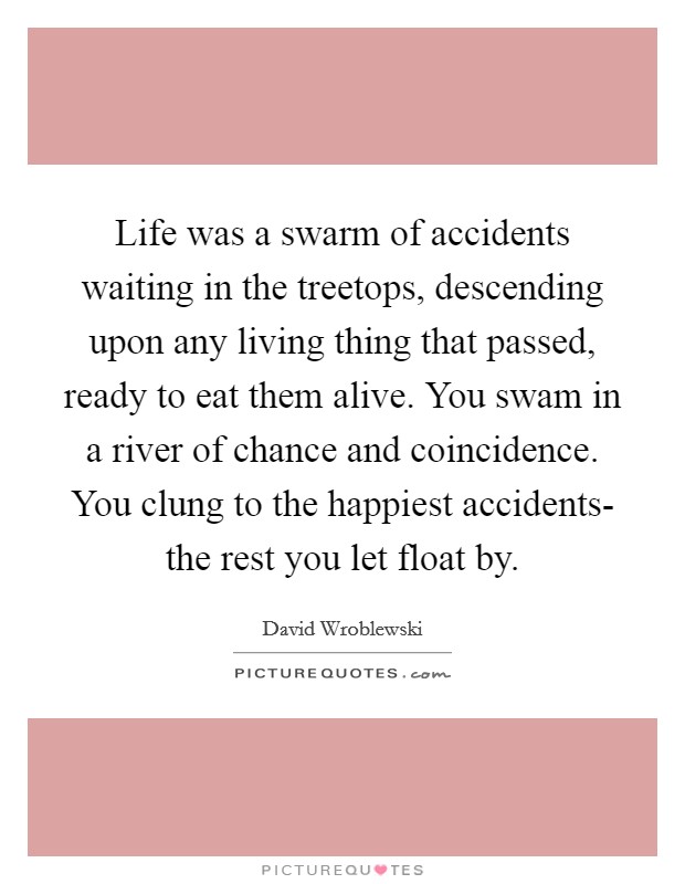 Life was a swarm of accidents waiting in the treetops, descending upon any living thing that passed, ready to eat them alive. You swam in a river of chance and coincidence. You clung to the happiest accidents- the rest you let float by Picture Quote #1
