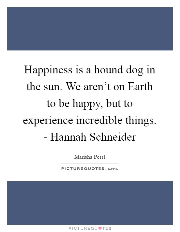 Happiness is a hound dog in the sun. We aren't on Earth to be happy, but to experience incredible things. - Hannah Schneider Picture Quote #1