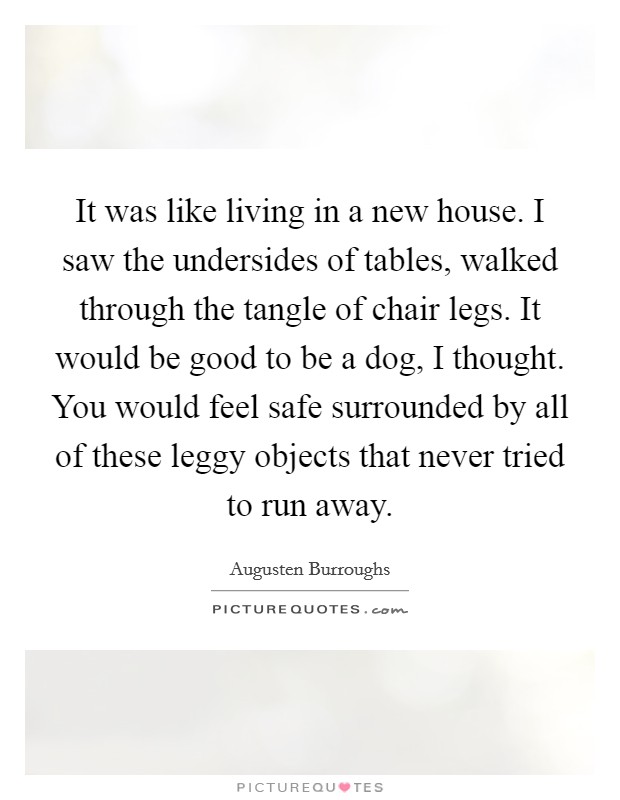 It was like living in a new house. I saw the undersides of tables, walked through the tangle of chair legs. It would be good to be a dog, I thought. You would feel safe surrounded by all of these leggy objects that never tried to run away Picture Quote #1