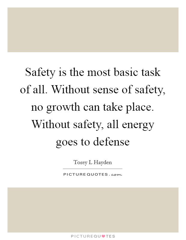 Safety is the most basic task of all. Without sense of safety, no growth can take place. Without safety, all energy goes to defense Picture Quote #1