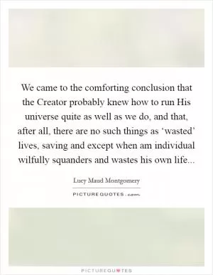 We came to the comforting conclusion that the Creator probably knew how to run His universe quite as well as we do, and that, after all, there are no such things as ‘wasted’ lives, saving and except when am individual wilfully squanders and wastes his own life Picture Quote #1