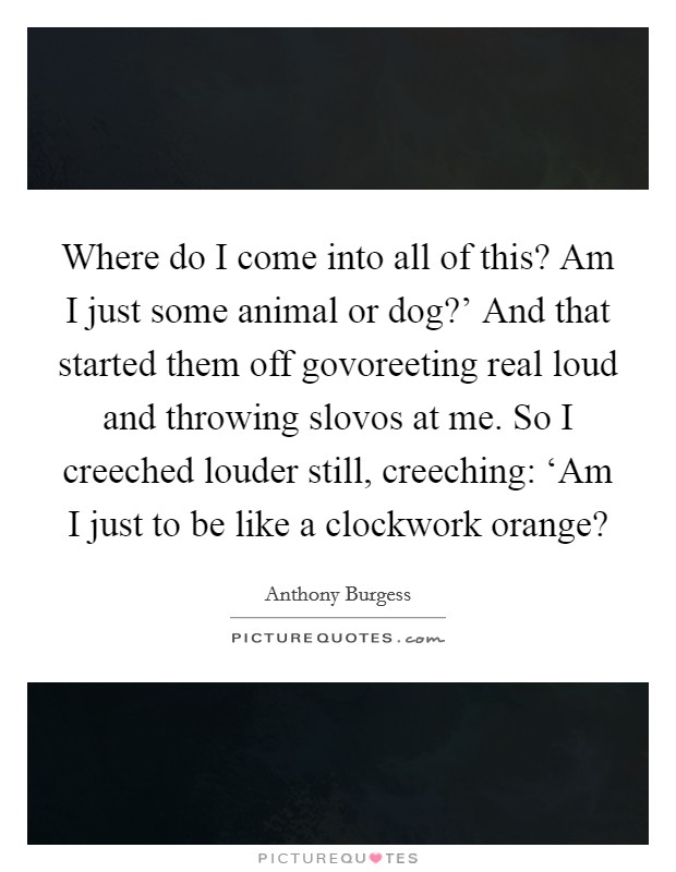 Where do I come into all of this? Am I just some animal or dog?' And that started them off govoreeting real loud and throwing slovos at me. So I creeched louder still, creeching: ‘Am I just to be like a clockwork orange? Picture Quote #1