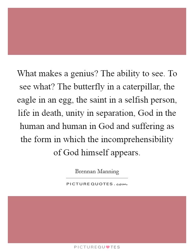 What makes a genius? The ability to see. To see what? The butterfly in a caterpillar, the eagle in an egg, the saint in a selfish person, life in death, unity in separation, God in the human and human in God and suffering as the form in which the incomprehensibility of God himself appears Picture Quote #1
