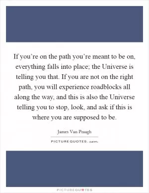 If you’re on the path you’re meant to be on, everything falls into place; the Universe is telling you that. If you are not on the right path, you will experience roadblocks all along the way, and this is also the Universe telling you to stop, look, and ask if this is where you are supposed to be Picture Quote #1