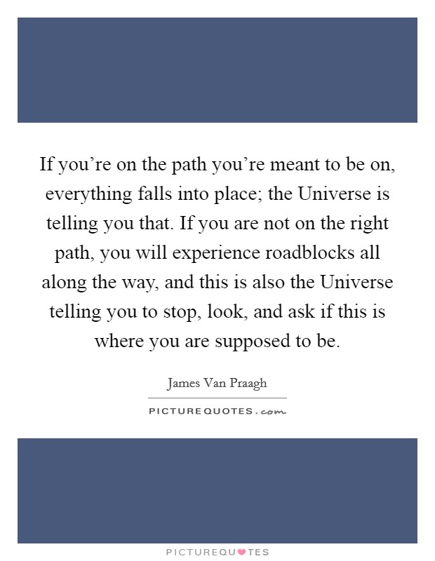 If you're on the path you're meant to be on, everything falls into place; the Universe is telling you that. If you are not on the right path, you will experience roadblocks all along the way, and this is also the Universe telling you to stop, look, and ask if this is where you are supposed to be Picture Quote #1