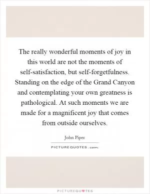 The really wonderful moments of joy in this world are not the moments of self-satisfaction, but self-forgetfulness. Standing on the edge of the Grand Canyon and contemplating your own greatness is pathological. At such moments we are made for a magnificent joy that comes from outside ourselves Picture Quote #1