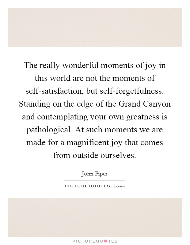 The really wonderful moments of joy in this world are not the moments of self-satisfaction, but self-forgetfulness. Standing on the edge of the Grand Canyon and contemplating your own greatness is pathological. At such moments we are made for a magnificent joy that comes from outside ourselves Picture Quote #1