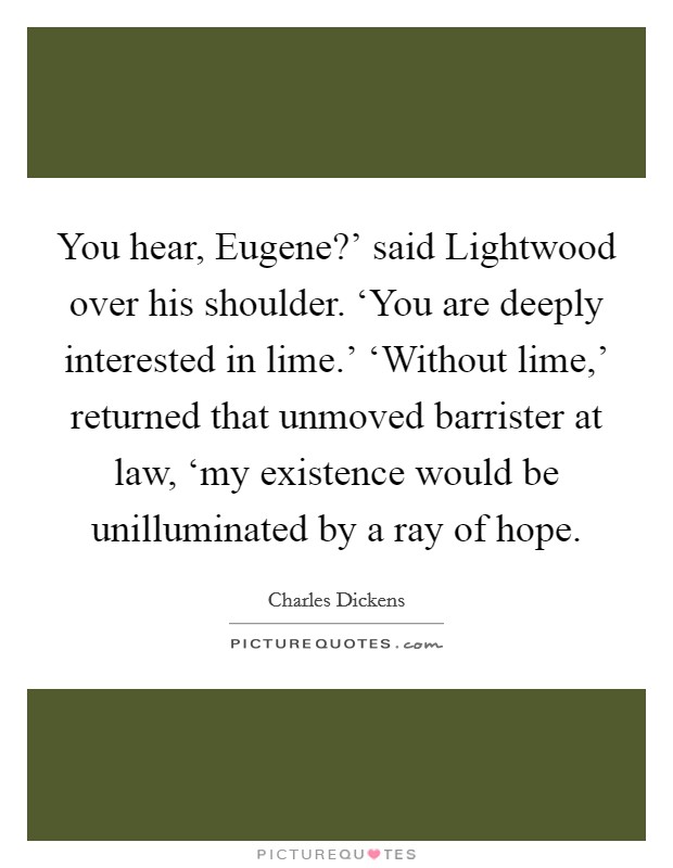 You hear, Eugene?' said Lightwood over his shoulder. ‘You are deeply interested in lime.' ‘Without lime,' returned that unmoved barrister at law, ‘my existence would be unilluminated by a ray of hope Picture Quote #1