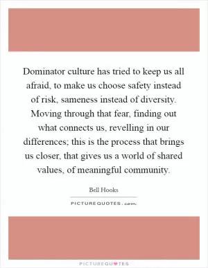 Dominator culture has tried to keep us all afraid, to make us choose safety instead of risk, sameness instead of diversity. Moving through that fear, finding out what connects us, revelling in our differences; this is the process that brings us closer, that gives us a world of shared values, of meaningful community Picture Quote #1